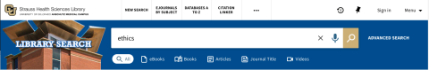 Library search with the keyword ethics in the search bar to being an ebook search.