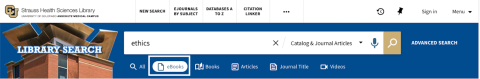 Library search catalog showing resource facets under search bar with the ebook facet highlighted.
