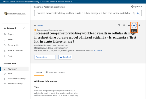 EBSCO article interface displaying tool icons in the top right of the article information. Share icon is circled.