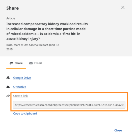 EBSCO Share information pop-up showing ways to share or email article.