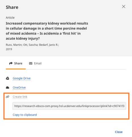 Share pop-up displaying options for sharing the article. The Create link option is open showing the article's proxy link to share.