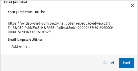 Ovid journal Email Jumpstart window displaying the proxied article link and a field to enter email to have article link sent.