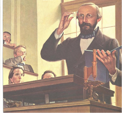 Full color artwork of Rudolph Virchow presenting to a classroom of students from an exhibit on 19th century research