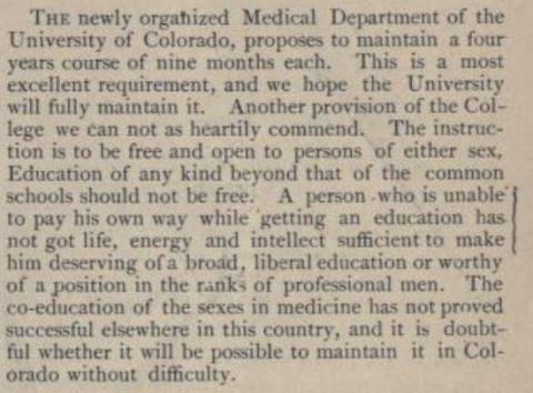JAMA article talking about the deficiencies of the CU Medical School from Volume 1, 1883, page 183