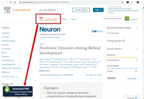 Science Direct record showing access to PDF download through LibKey Nomad.