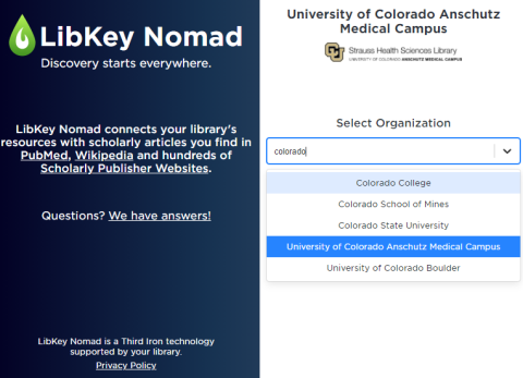 LibKey login screen asking user to select their organization.
