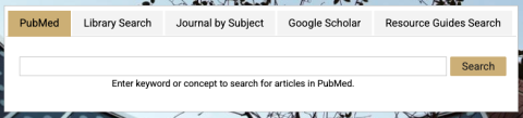 Main library search box with options to search PubMed, Library Search, journals by Subject, Google Scholar, or Resource Guides.