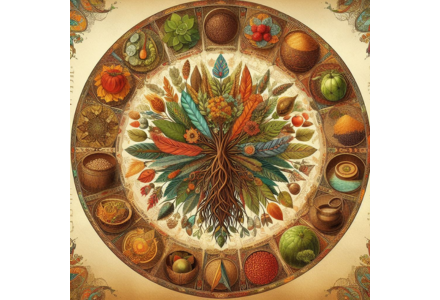 Tree surrounded by fruits, vegetables, and herbs in a circular design.