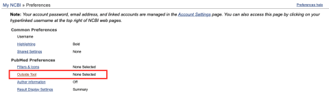 My NCBI PubMed Preferences showing Outside Tool link and none selected.