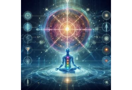 Meditating figure with colorful energy centers beneath a glowing geometric design.