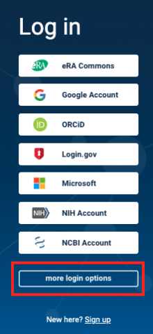 My NCBI log in page with several login options including more login options.