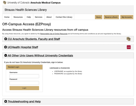 Off campus access login page showing the third tab open for All Other Users without University Credentials