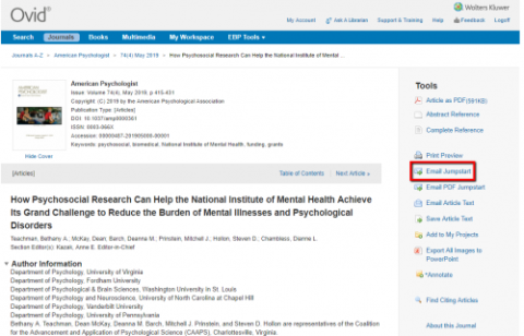 Article record in Ovid showing the Tools menu with Email Jumpstart circled.