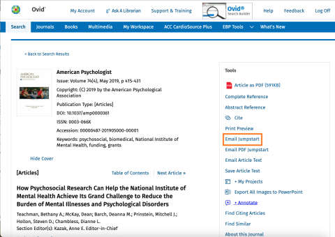 Ovid journal database interface displaying an article with the Tolls menu available on the right side of the screen. The "Email Jumpstart" link is circled.