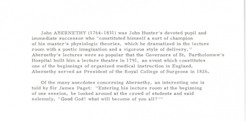 A brief paragraph about John Abernethy by Frank B. Rogers from an exhibit on 18th century surgery