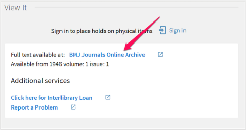 Arrow pointing to article access link in library catalog record.