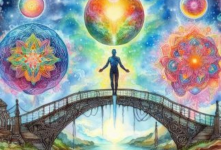 Person above a bridge with colorful geometric patterns and glowing spheres.