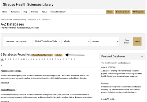 Screen showing database resources narrowed to ebooks and ClinicalPoint of Care tools.