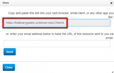 Database share popup window showing database link.