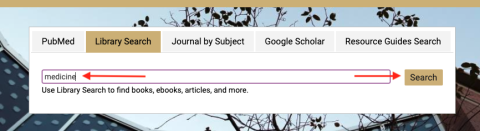 Library Search bar on website homepage with keyword search "medicine" entered