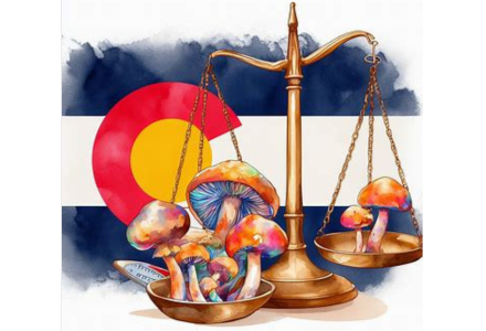 Balance scale with mushrooms and a Colorado flag.