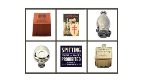 Historical tuberculosis-related artifacts, including sputum cups, sputum flasks, a pamphlet, and a public health sign.