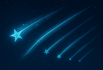 A row of shooting stars that look like they are made of computer data streams.