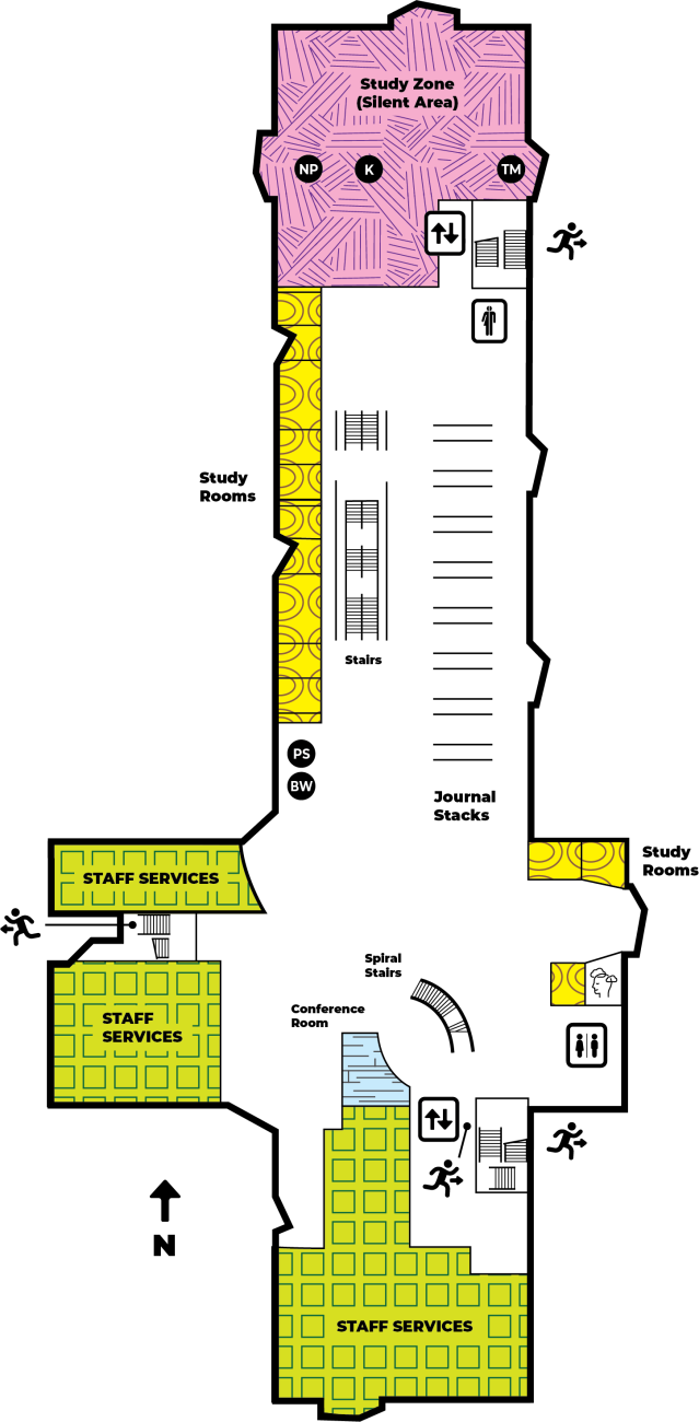 Strauss Library second floor map – detailed information listed after image.