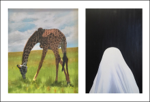 Two rectangle pieces of art side by side, the left side is a giraffe grazing in a green field, and the right side is a ghost wearing a white sheet.