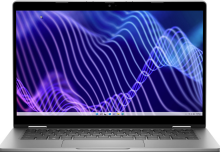 Laptop sitting open with purple and blue squiggle lines on screensaver