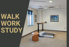 Treadmill desk available in the Strauss Library to walk, work, study.