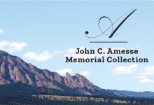 Bookplate featuring the Flatirons mountain range in Colorado with blue skies with clouds. Overlay text reads 'John C. Amesse Memorial Collection' with a stylized 'A' above the text.