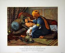 Painting title "Rhazes and Arabic Medicine" by Robert Thom, 1958. Healer sitting next to child who is reclining on a bed with multicolored pillows, receiving an eye examination.