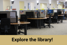 Row of computer workstations available in the Information Commons in Strauss Library.