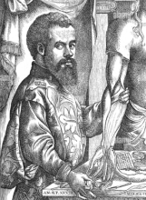Engraving image of a person holding an arm partially dissected