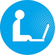 Blue circle with white silhouette of a person on a laptop with radiating circles to depict wireless internet. 