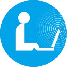 Blue circle with white silhouette of a person on a laptop with radiating circles to depict wireless internet. 