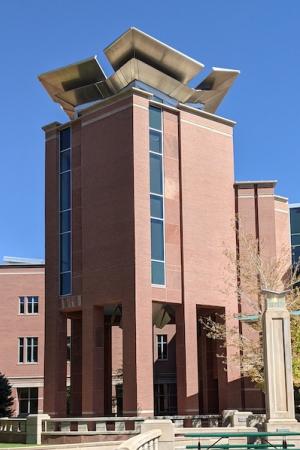 Strauss Library tower on a sunny fall day.