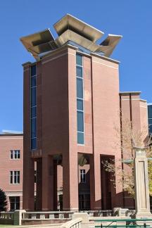 Strauss Library tower on a sunny fall day.